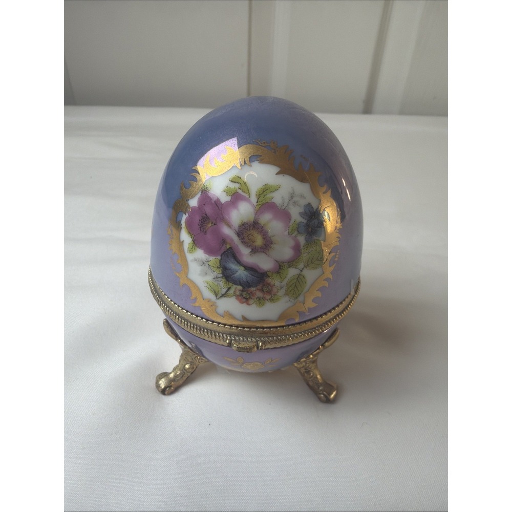 Vintage Cobalt Blue Egg Music Box Gold Tone Trim Hand Painted Footed
